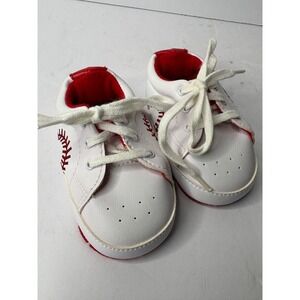 All Sport Baby Baseball Crib Shoes‎ White Red Lace Up Soft Sole Size 2